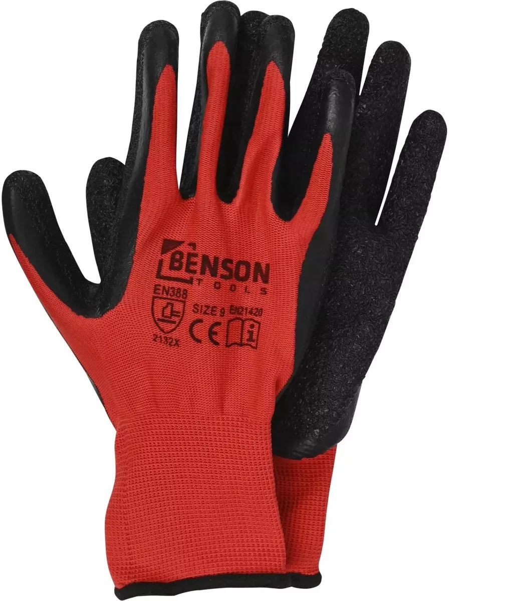 Werkhandschoenen latex crinkle rood zwart - EN 388 - EN21420 de Benson, Rouge, 9 – image du produit