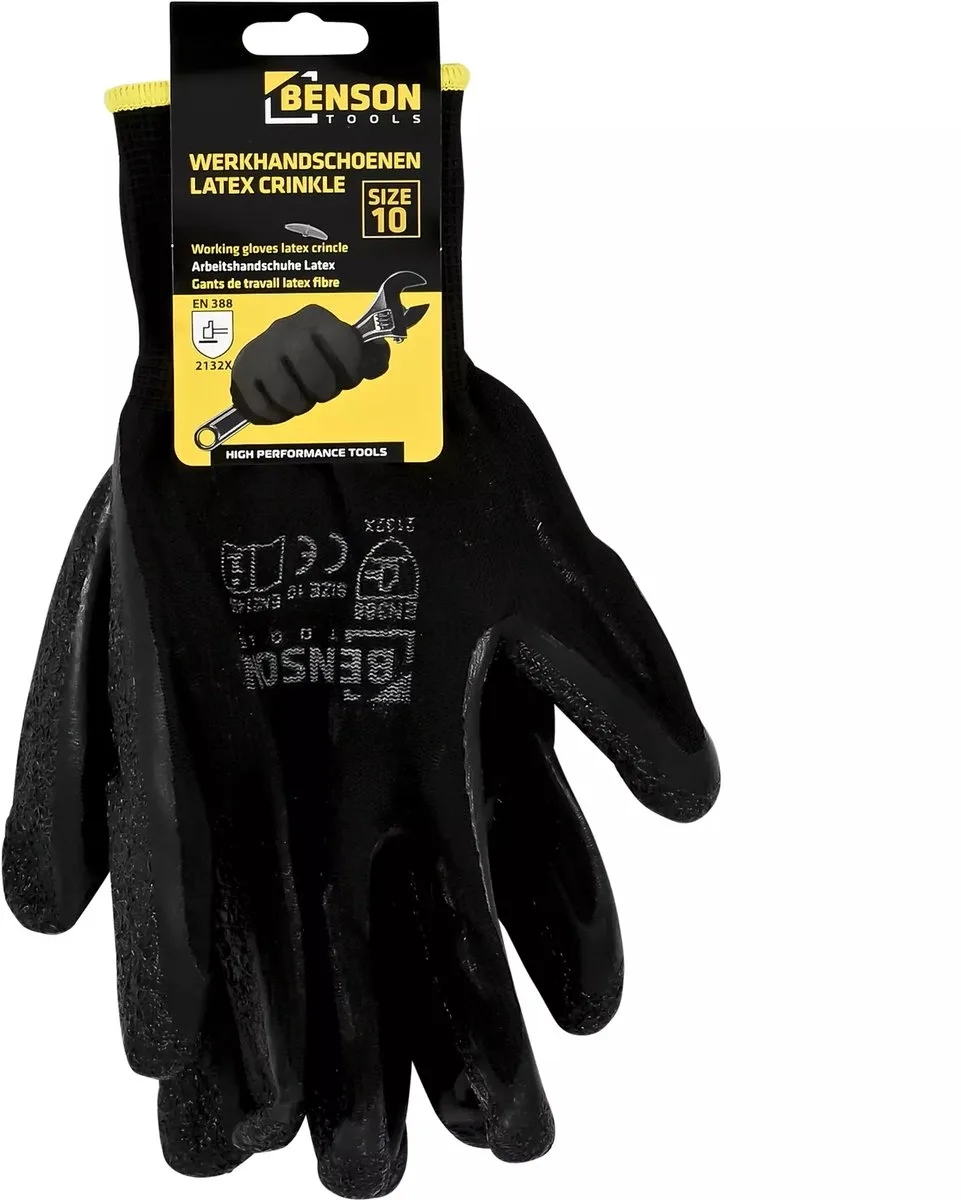 Werkhandschoenen latex crinkle zwart - EN 388 - EN21420 van Benson, Zwart, 10 – productafbeelding