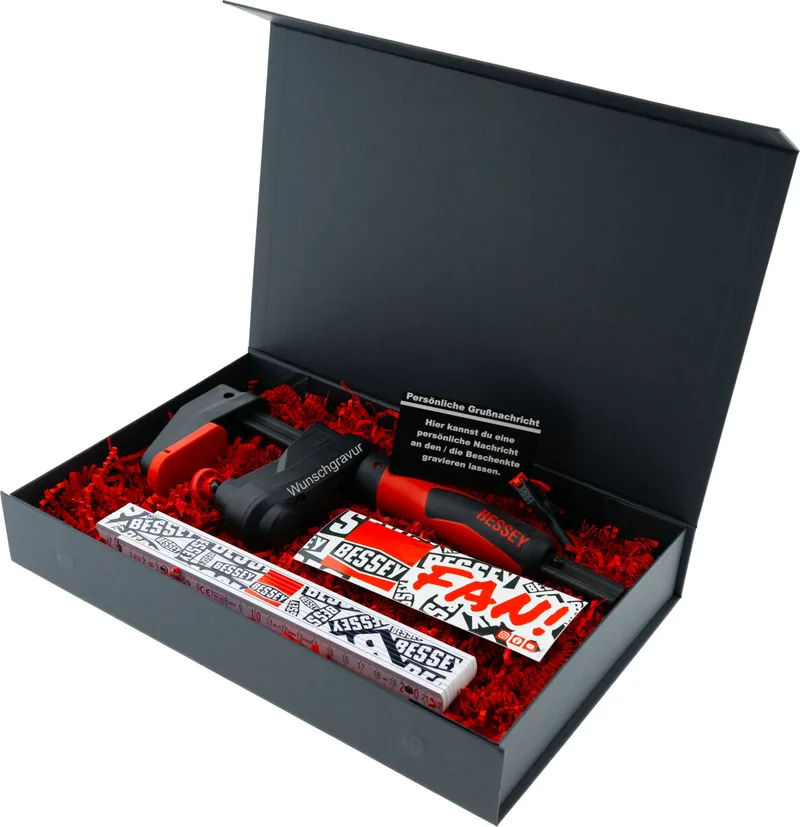 Geschenkbox Gearklamp GK15 mit Gravur inkl. Clippix XC1 Federzwinge & Zollstock | Exklusives personalisiertes Handwerker Geschenk von Bessey – Produktbild