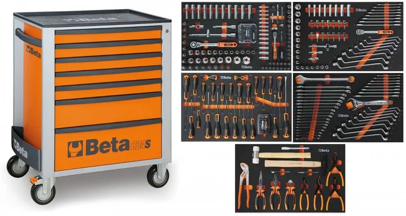 gevulde gereedschapswagen 2400S O7/E-M - 309-delig, 7 laden, slot, 4 zwenkwielen, 800 kg, oranje de Beta – image du produit