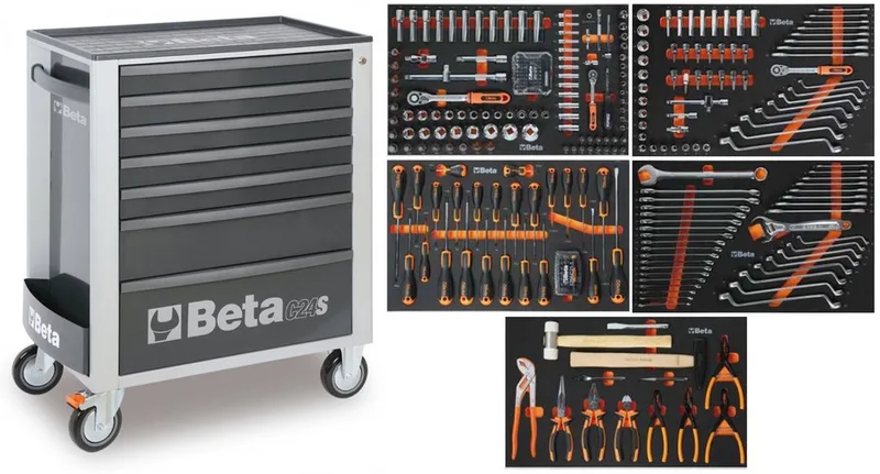 gevulde gereedschapswagen 309-delig 2400S G7/E-M grijs 7 laden 800 kg 4 zwenkwielen 125 mm fra Beta – produktbillede