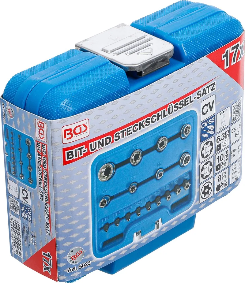Bit- en Steeksleutelset E-profiel / T-profiel (voor Torx) 17-delig - 5023 by BGS technic, Silver – product image