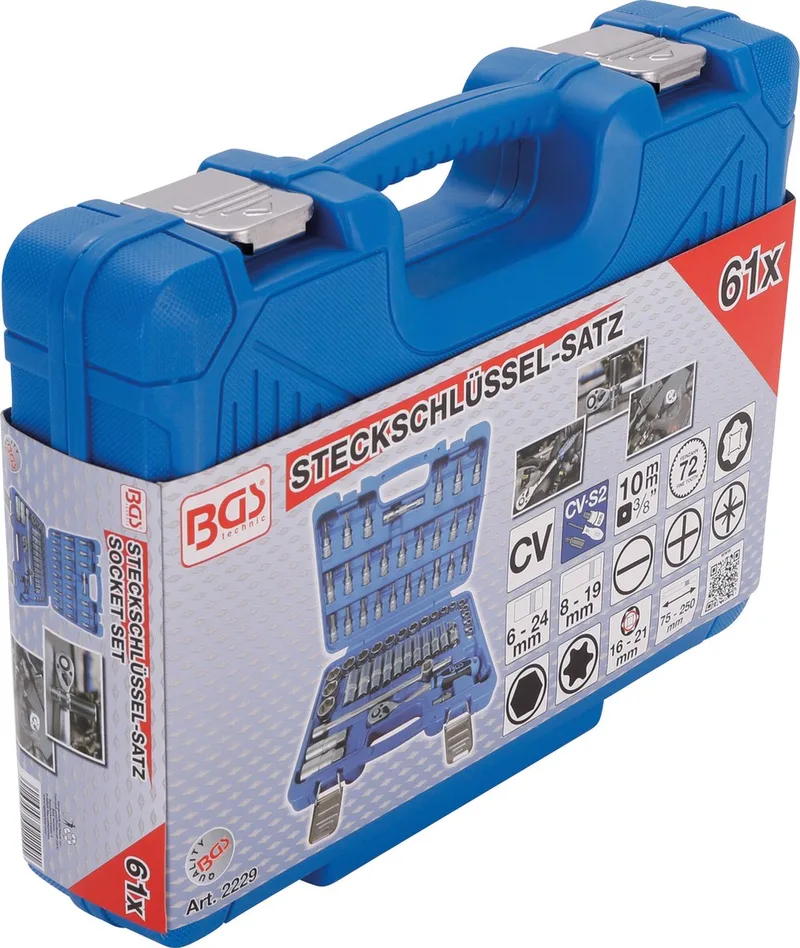 Dopsleutelset - Doppen set 6 kant - 6mm - 24mm en Super Lock 8mm tot 19mm - 3/8 - 61 delig BGS 2229 by BGS technic, Blue – product image