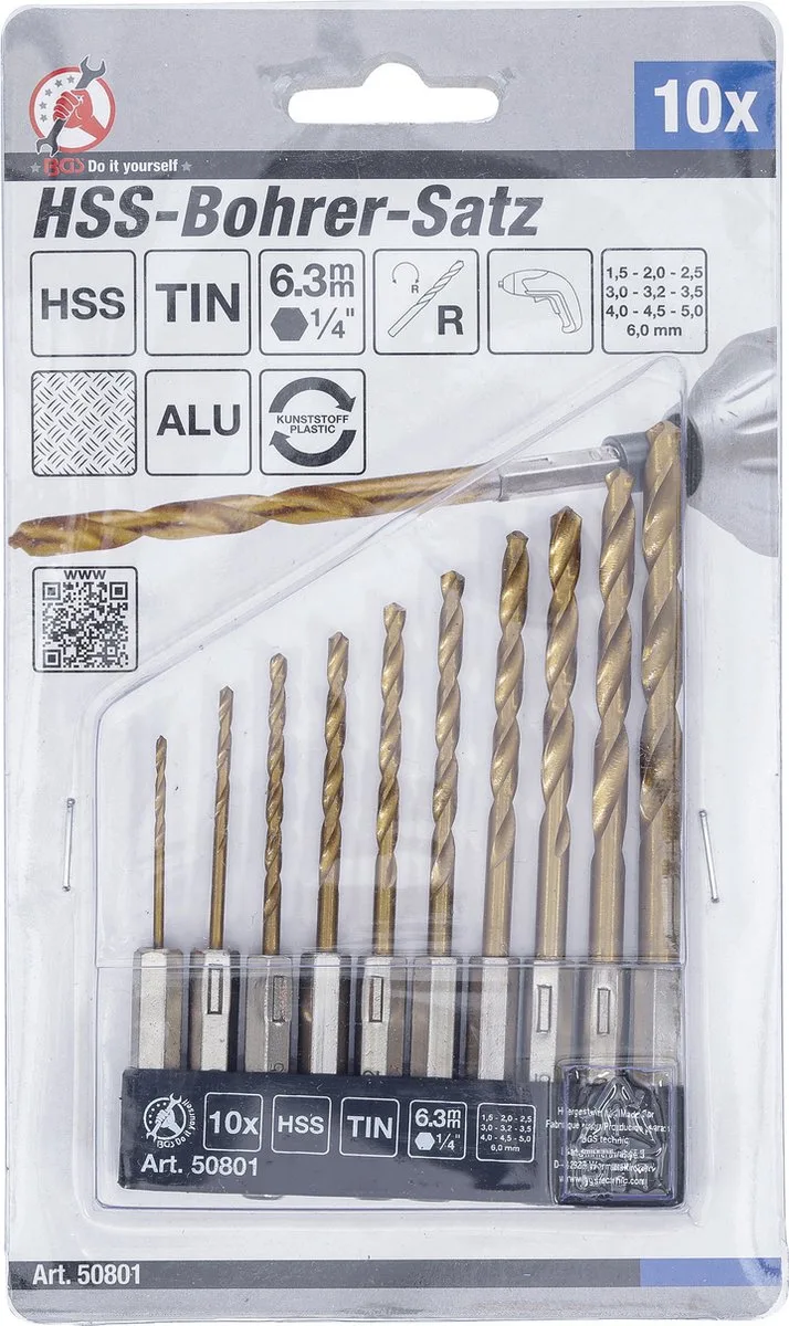 HSS-borenset titanium gecoat 1,5 - 6 mm, 10 delig by BGS technic – product image