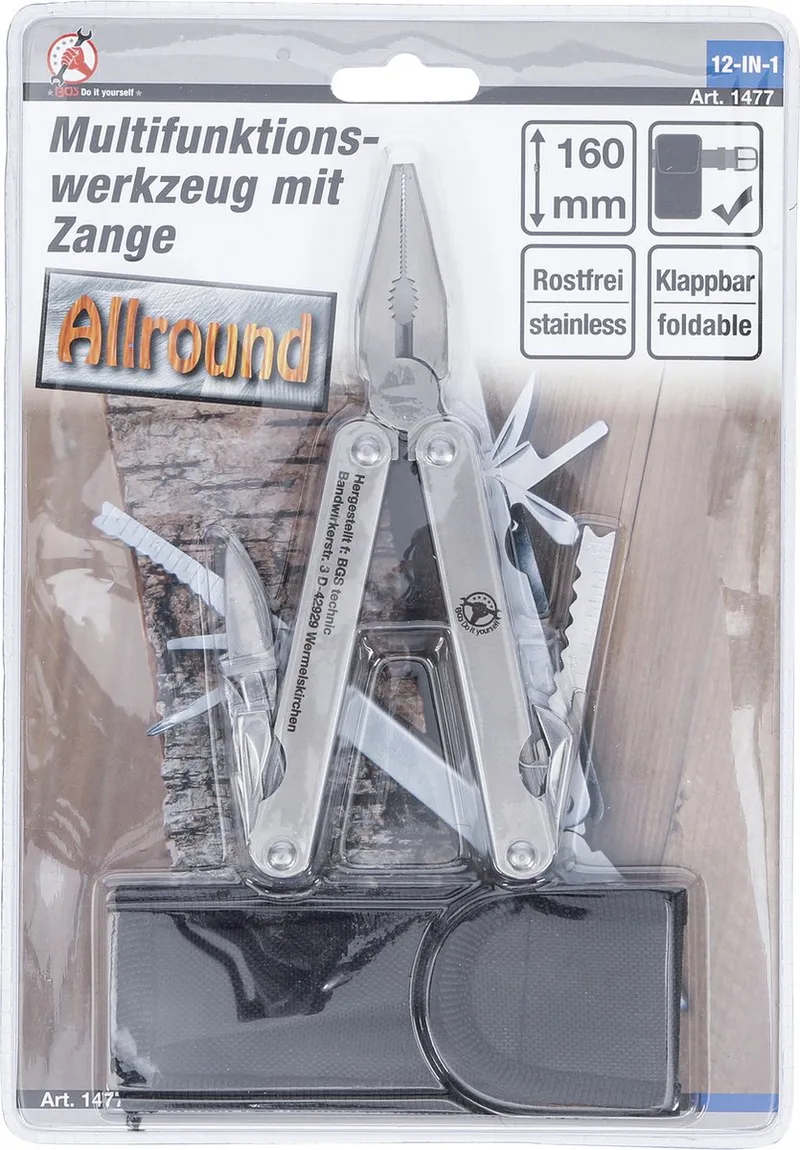 Multitool met tang 12-IN-1 160 mm van BGS technic, Zilver – productafbeelding