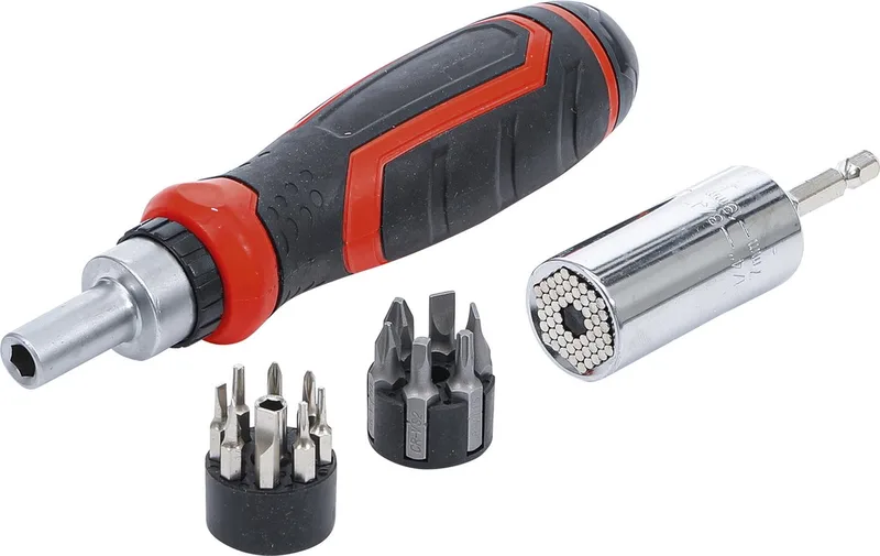 Precisie-bit-/ multi-dopsleutelset met ratel-draaigreep voor bits, omschakelbaar 17 delig by BGS technic, Red – product image