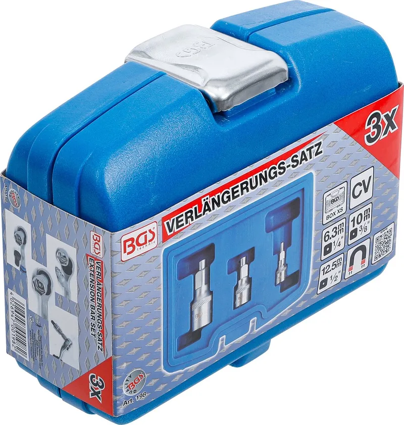 Speciale Magnetische Rateldoppen - Magnetische Dopsleutel - Bouten vallen zo niet uit de Dopsleutel - 3-delig -Opname 1/2" - Opname 3/8" - Opname 1/4" - BGS198 von BGS technic, Blau, Grau – Produktbild