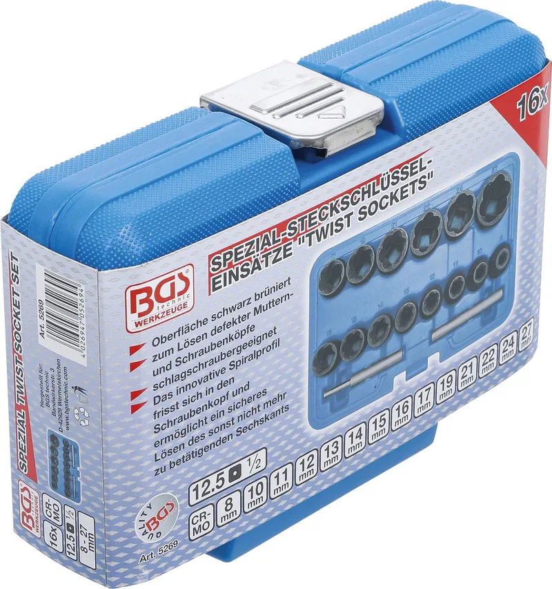 Spiraalprofiel-doppenset / schroefuitdraaier 1/2 8 - 27 mm, 16 delig von BGS technic, Schwarz – Produktbild