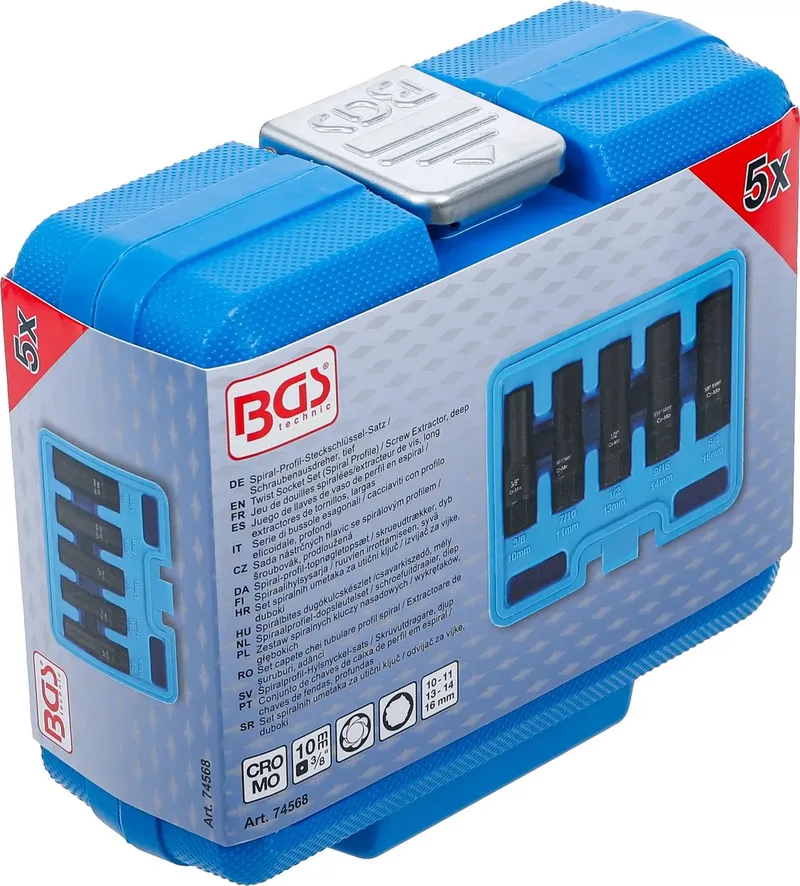 Spiraalprofiel-doppenset / schroefuitdraaier, diep - 3/8 - 10 - 16 mm - 5 delig by BGS technic, Blue – product image