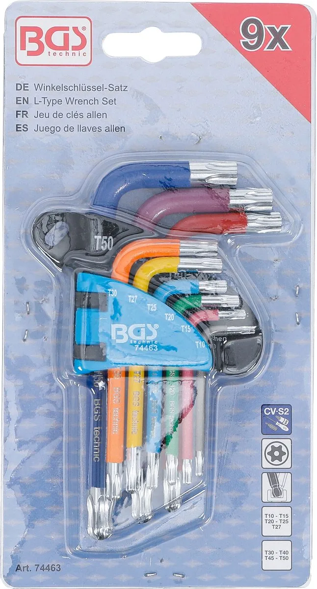 Stiftsleutelset - kort - Torx met boring en kogelkop T10 - T50 - 9 delig von BGS technic, Mehrfarbig – Produktbild