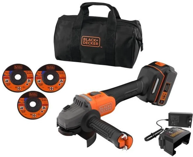 Accu haakse slijper + 4Ah accu + lader van Black+Decker – productafbeelding