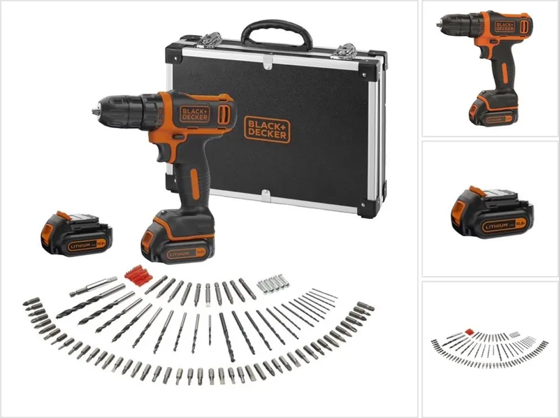 B+D KIT: 10,8V Lithium Ion accu schroef-/boormachine + 100 accessoires in FLIGHT CASE 2 x 1.5Ah accu’s by Black+Decker – product image