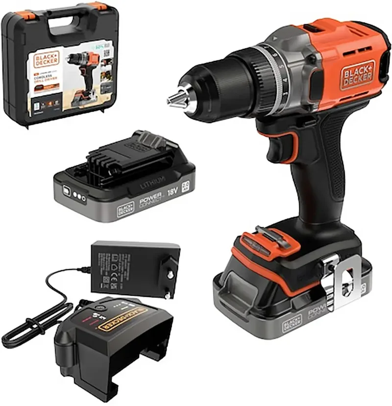 Perceuse-visseuse sans fil Black & Decker BCD382D2XK-QW 18 V 2.0 Ah Li-Ion + 2 batteries, + chargeur de Black+Decker – image du produit