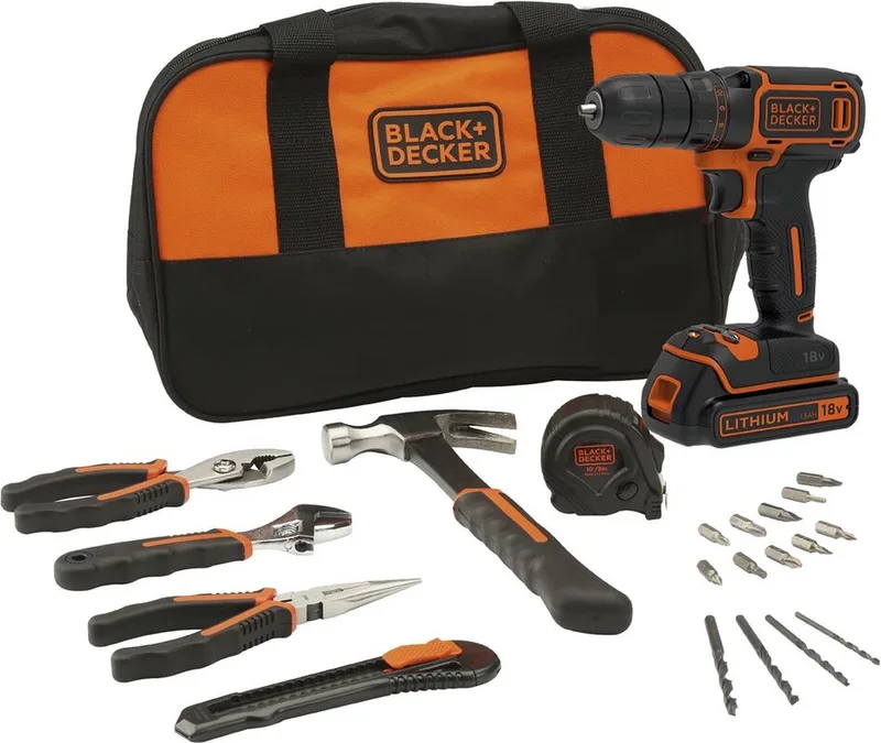 BDCDC18HTSA Accuboormachine, 18 V, inclusief 20 delig gereedschapsset en tas de Black+Decker – image du produit