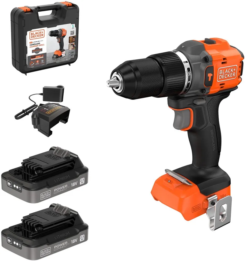 BLACK+DECKER 18V Brushless Schroefklopboormachine in koffer (met 2x2.5Ah accu en lader) - BLD783E2K-QW by Black+Decker – product image