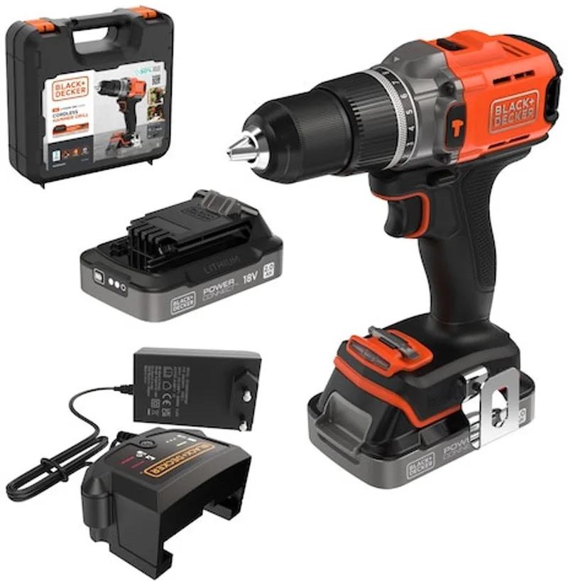 Gereedschap - 18V ACCU-klopboor-/schroefmachine, 2x accu 2,0 Ah, Li-Ion, lader BCD383D2XK-QW de Black+Decker – image du produit 1 sur 6