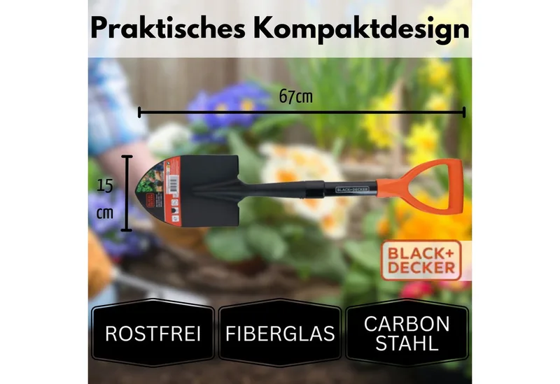 Schep - metaal - 65 cm - tuinschop / tuinieren / camping - kleine compacte schep by Black+Decker – product image 3 of 4