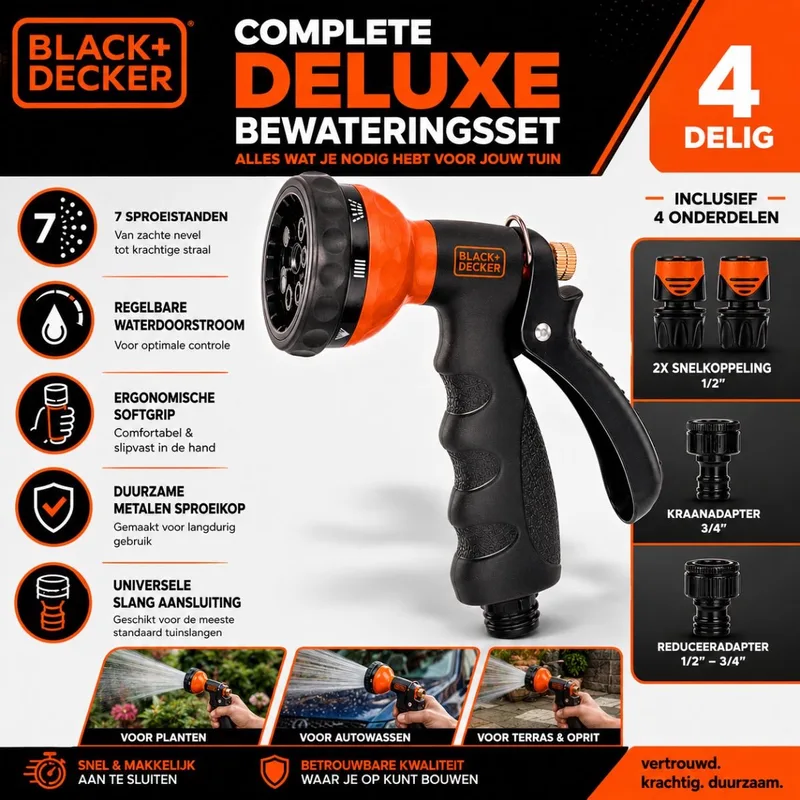 Sproeikop met 3 Tuinslang Koppelingen - 7 Waterstanden - Metaal - Zwart/Oranje by Black+Decker – product image
