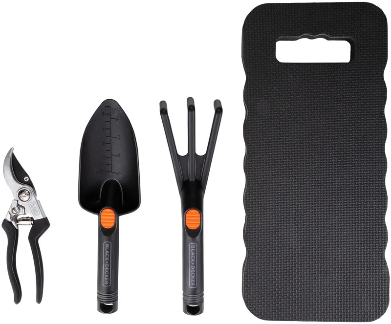 Tuingereedschap Set 4 Stuks - Kniemat, Snoeischaar, Schep en Tuinklauw - 13mm Snijcapaciteit - Zwart/Oranje de Black+Decker – image du produit