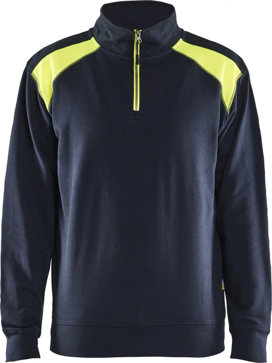 Sweatshirt bi-colour met halve rits 3353-1158 - Donker marineblauw/High Vis Geel by Blåkläder, Donker marineblauw, High Vis Geel, 4XL – product image