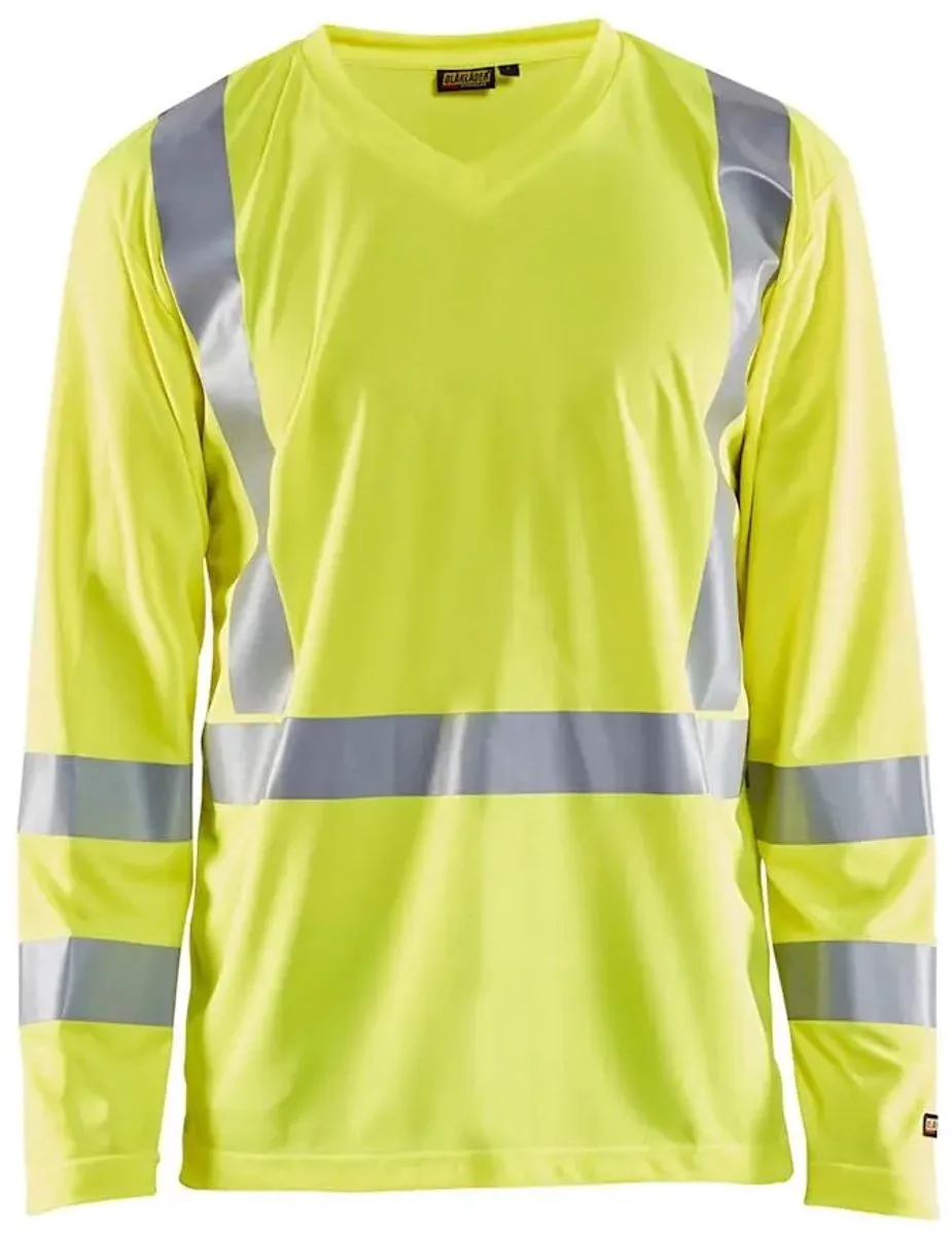 T-shirt met lange mouwen, hoge zichtbaarheid, anti-geur, anti-uv v-hals Blaklader von Blåkläder, Gelb – Produktbild