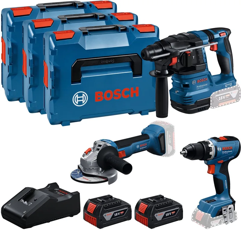 GSR + GBH + GWS + 2x GBA 5.0 Ah + GAL 18V-40 0615A5009G Jeu doutils de Bosch Professional – image du produit 1 sur 5