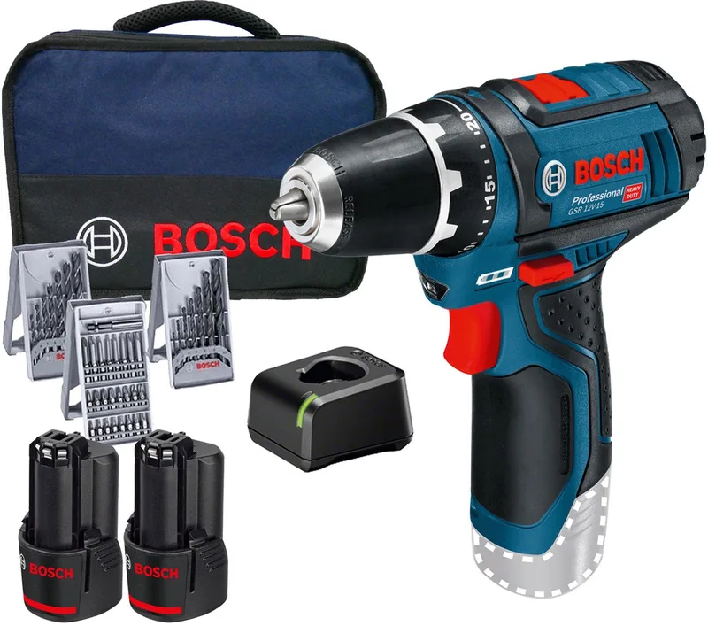 Accu schroefboormachine GSR 12V-15 (2x 2,0 Ah + lader AL 1115 CV + 39 accessoires + toolbag) de Bosch Professional – image du produit
