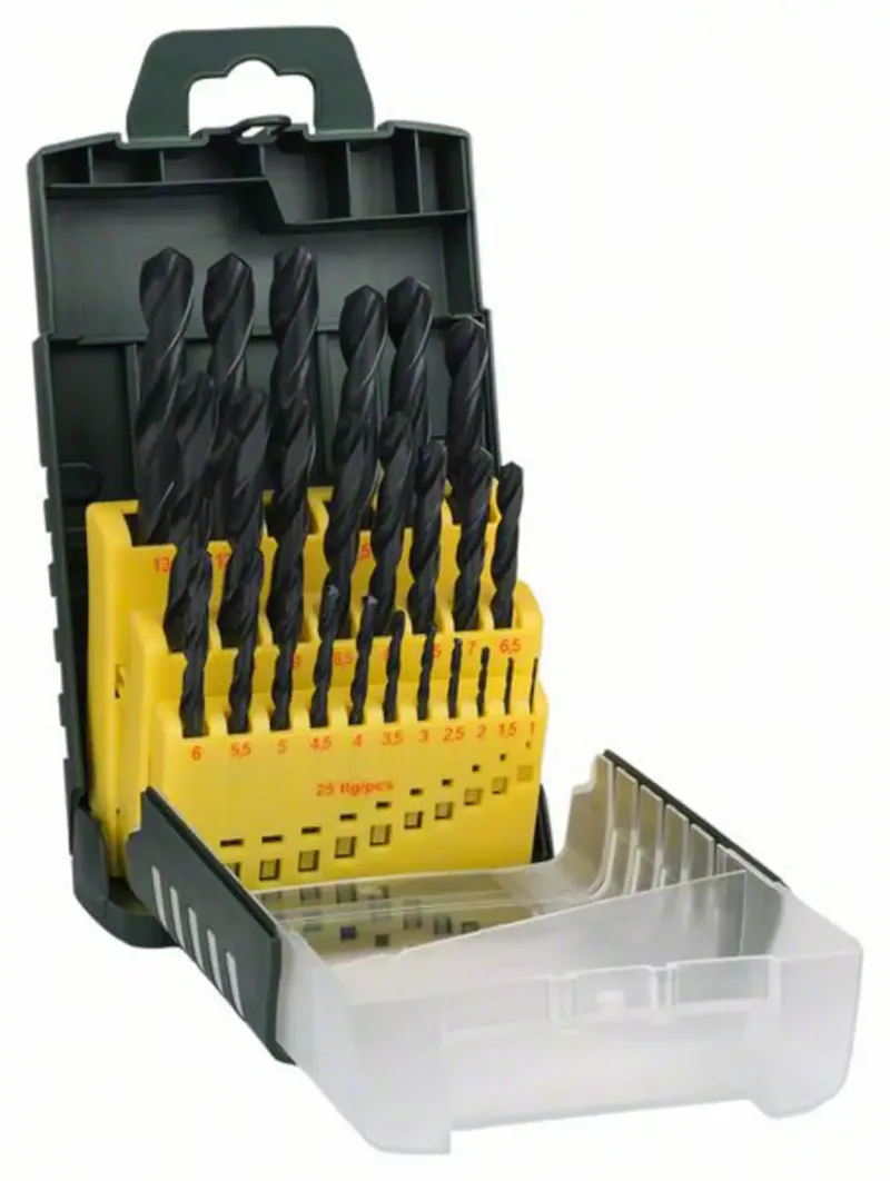 Bosch Accessories 2607017153 Promoline HSS Metall-Spiralbohrer-Set 25teilig 1 mm, 1.5 mm, 2 mm, 2.5 mm, 3 mm, 3.5 mm, 4 mm, 4.5 mm, 5 mm, 5.5 mm, 6 mm, 6.5 mm de Bosch Home & Garden – image du produit