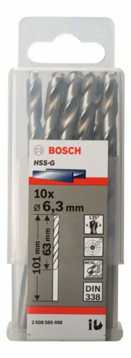 Bosch Accessories 2608585498 2608585498 HSS Metall-Spiralbohrer 6.3 mm Gesamtlänge 101 mm geschliffen DIN 338 Zylinderschaft 10 St. fra Bosch Professional – produktbillede