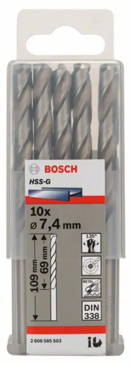 Bosch Accessories 2608585503 2608585503 HSS Metall-Spiralbohrer 7.4 mm Gesamtlänge 109 mm geschliffen DIN 338 Zylinderschaft 10 St. von Bosch Professional – Produktbild