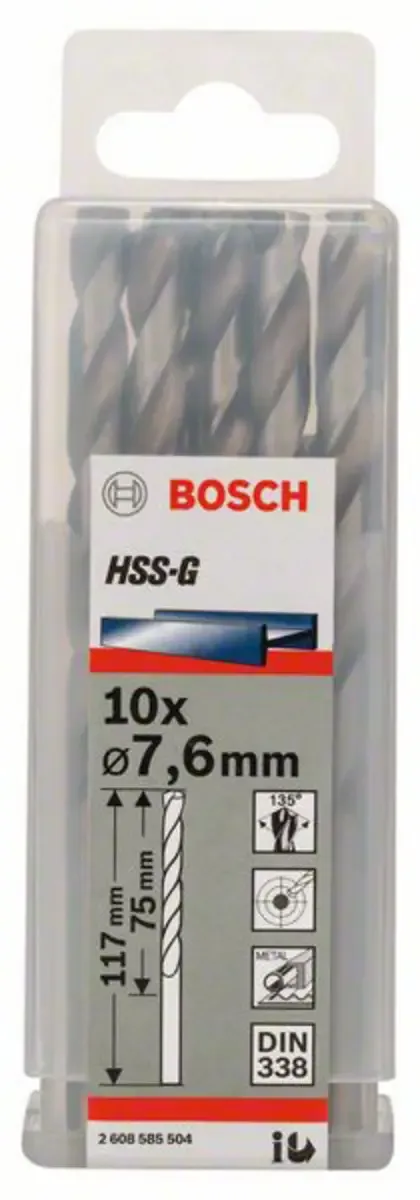 Bosch Accessories 2608585504 2608585504 HSS Metall-Spiralbohrer 7.6 mm Gesamtlänge 117 mm geschliffen DIN 338 Zylinderschaft 10 St. von Bosch Professional – Produktbild