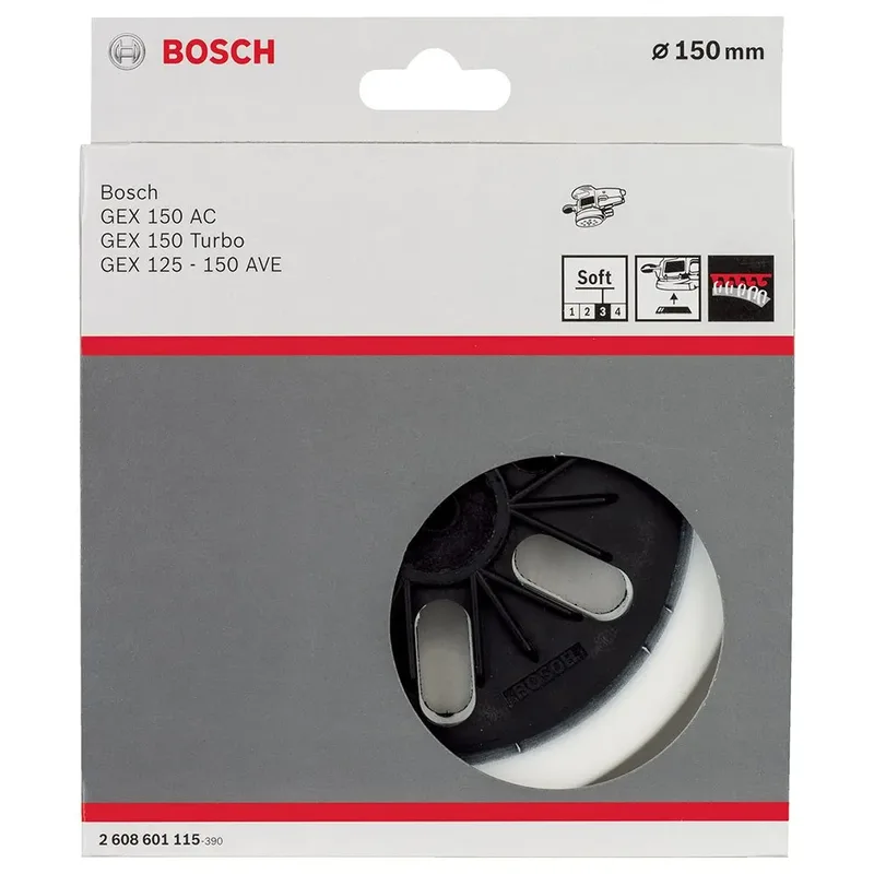 Bosch Accessories 2608601115 Schleifteller weich, 150 mm, für GEX 125-150 AVE, GEX 150 AC, GEX 150 Durchmesser 150 mm Passend für (Details) Exzenterschleifer de Bosch Professional – image du produit 2 sur 2