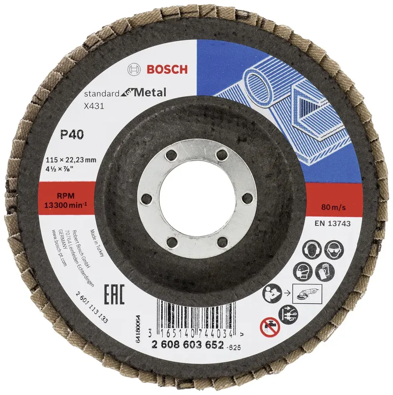 Bosch Accessories 2608603652 X431 Fächerschleifscheibe Durchmesser 115 mm Bohrungs-Ø 22.33 mm Körnung (num) 40 Stahl 1 St. de Bosch Professional – image du produit