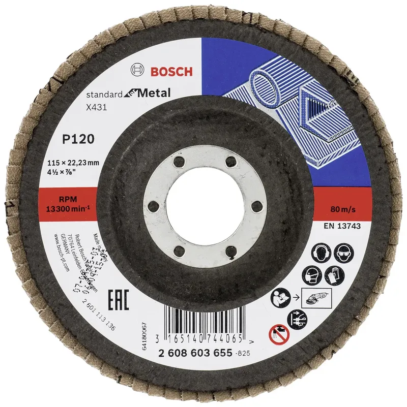 Bosch Accessories 2608603655 X431 Fächerschleifscheibe Durchmesser 115 mm Bohrungs-Ø 22.33 mm Körnung (num) 120 Stahl 1 St. de Bosch Professional – image du produit