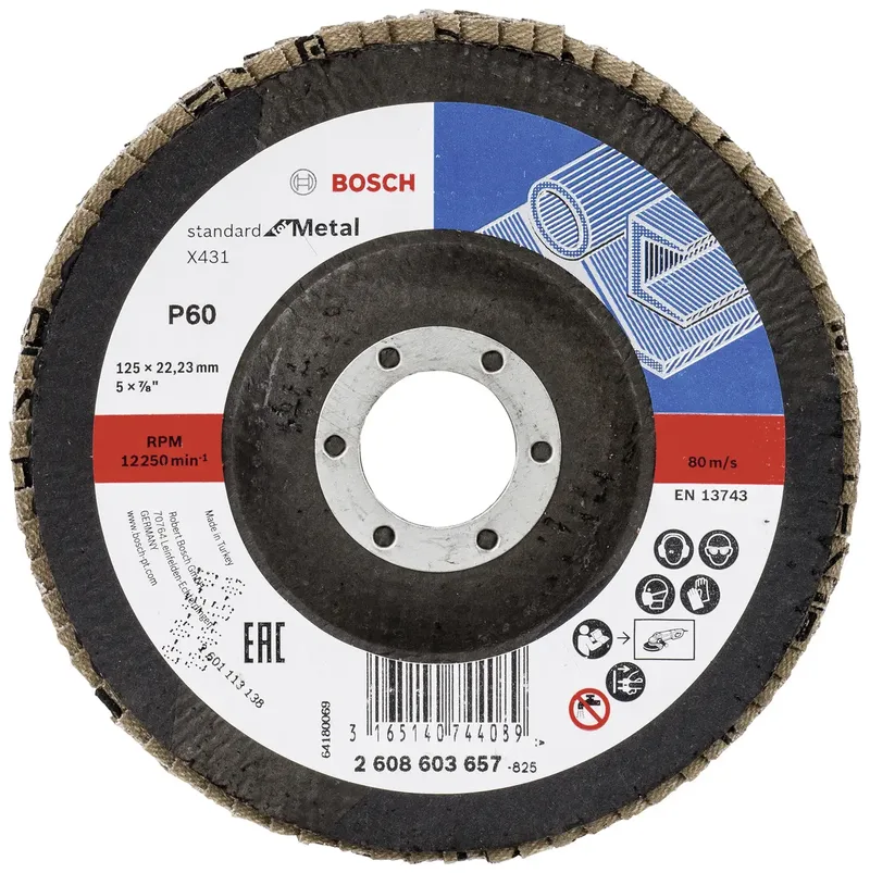 Bosch Accessories 2608603657 X431 Fächerschleifscheibe Durchmesser 125 mm Bohrungs-Ø 22.33 mm Körnung (num) 60 Stahl 1 St. de Bosch Professional – image du produit