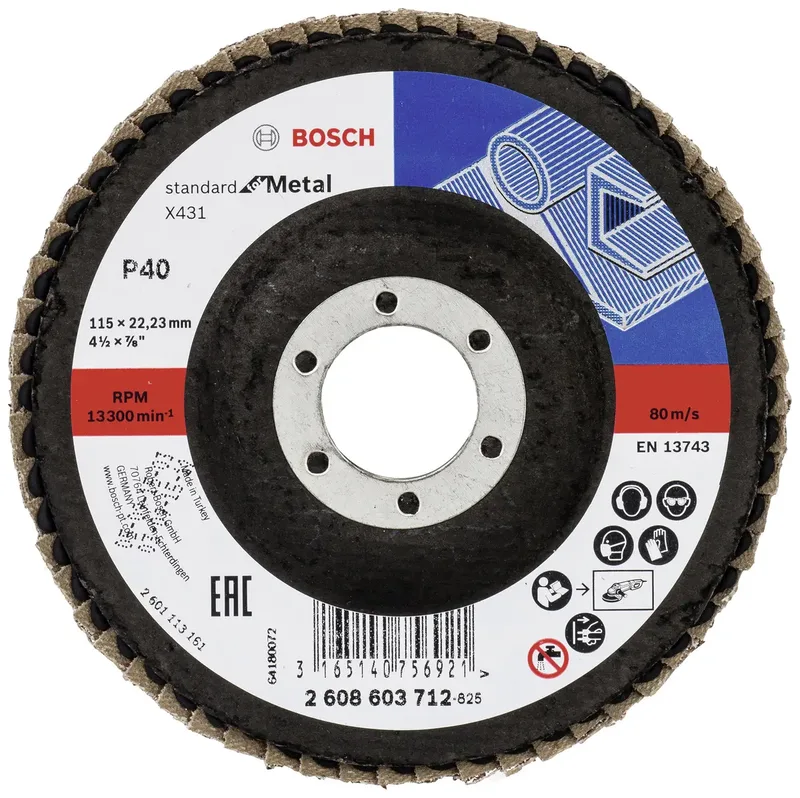 Bosch Accessories 2608603712 X431 Fächerschleifscheibe Durchmesser 115 mm Bohrungs-Ø 22.33 mm Körnung (num) 40 Stahl 1 St. de Bosch Professional – image du produit