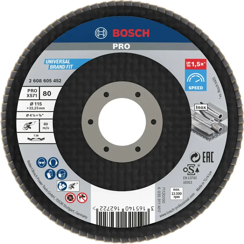 Bosch Accessories 2608605452 X571 Fächerschleifscheibe Durchmesser 115 mm Bohrungs-Ø 22.33 mm Körnung (num) 80 Stahl 1 St. de Bosch Professional – image du produit