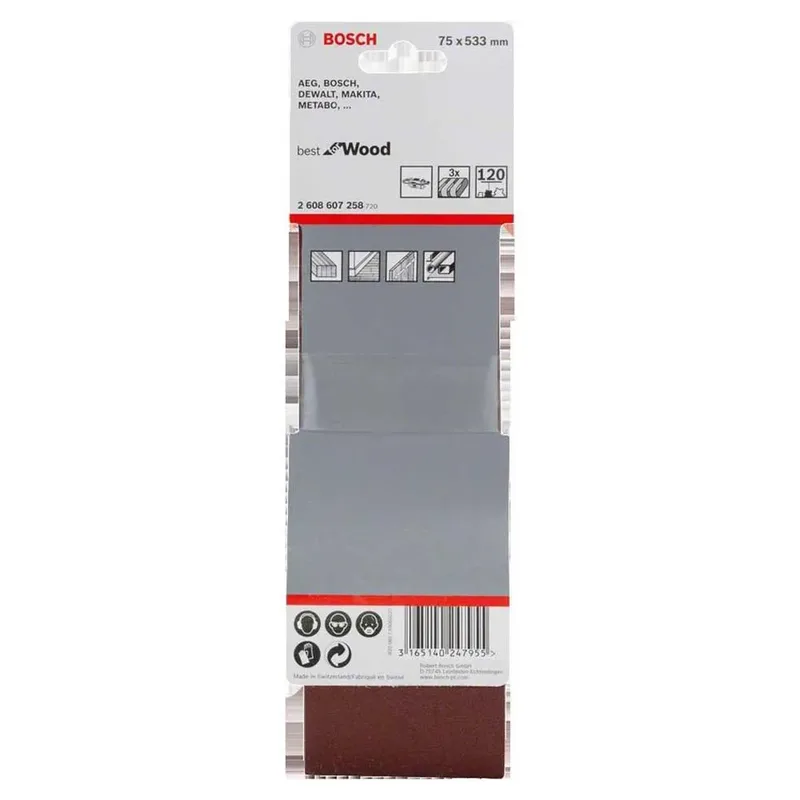 Bosch Accessories 2608607258 2608607258 Schleifband Körnung (num) 120 (L x B) 533 mm x 75 mm 3 St. von Bosch Professional – Produktbild 2 von 2