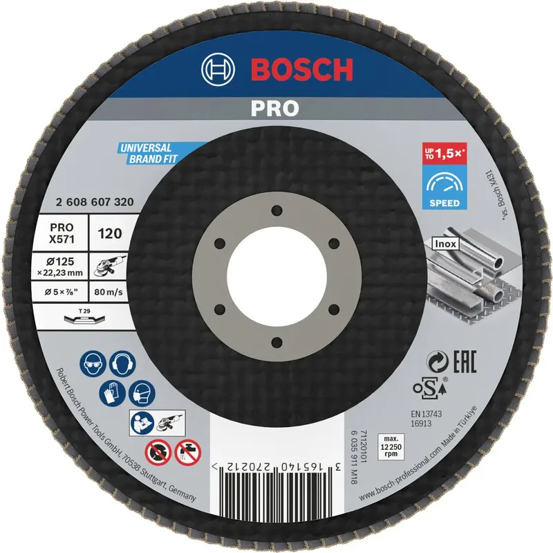 Bosch Accessories 2608607320 X571 Fächerschleifscheibe Durchmesser 125 mm Bohrungs-Ø 22.33 mm Körnung (num) 120 Stahl 1 St. de Bosch Professional – image du produit