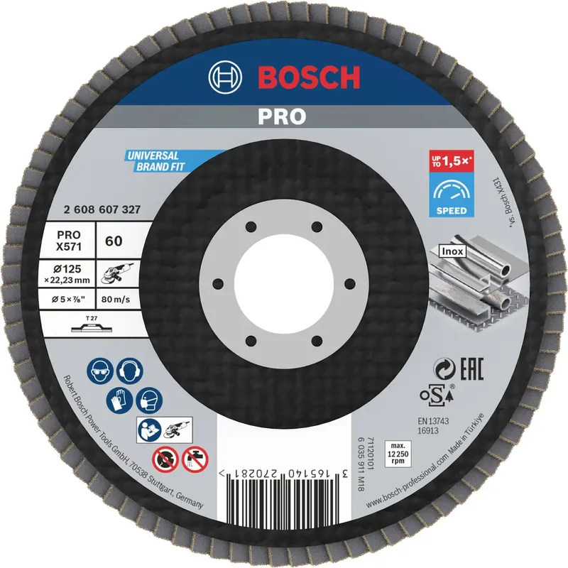 Bosch Accessories 2608607327 X571 Fächerschleifscheibe Durchmesser 125 mm Bohrungs-Ø 22.33 mm Körnung (num) 60 Stahl 1 St. de Bosch Professional – image du produit