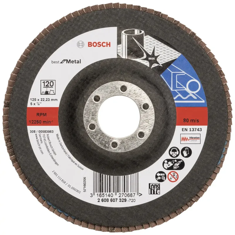 Bosch Accessories 2608607329 X571 Fächerschleifscheibe Durchmesser 125 mm Bohrungs-Ø 22.33 mm Körnung (num) 120 Stahl 1 St. de Bosch Professional – image du produit