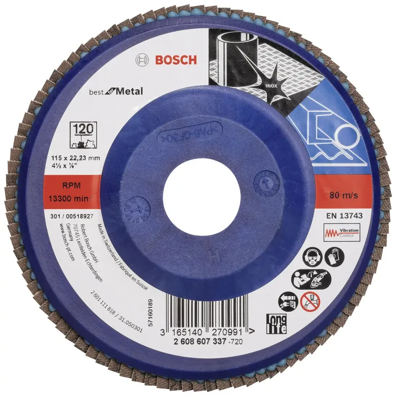 Bosch Accessories 2608607337 X571 Fächerschleifscheibe Durchmesser 115 mm Bohrungs-Ø 22.33 mm Körnung (num) 120 Stahl 1 St. von Bosch Professional – Produktbild