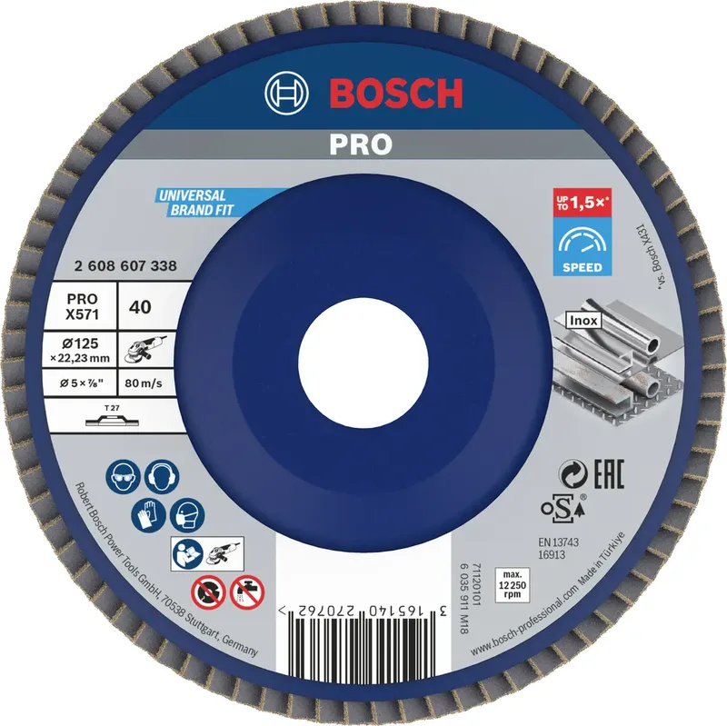 Bosch Accessories 2608607338 X571 Fächerschleifscheibe Durchmesser 125 mm Bohrungs-Ø 22.33 mm Körnung (num) 40 Stahl 1 St. de Bosch Professional – image du produit