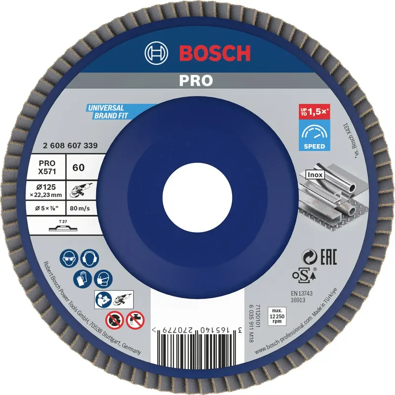 Bosch Accessories 2608607339 X571 Fächerschleifscheibe Durchmesser 125 mm Bohrungs-Ø 22.33 mm Körnung (num) 60 Stahl 1 St. fra Bosch Professional – produktbillede