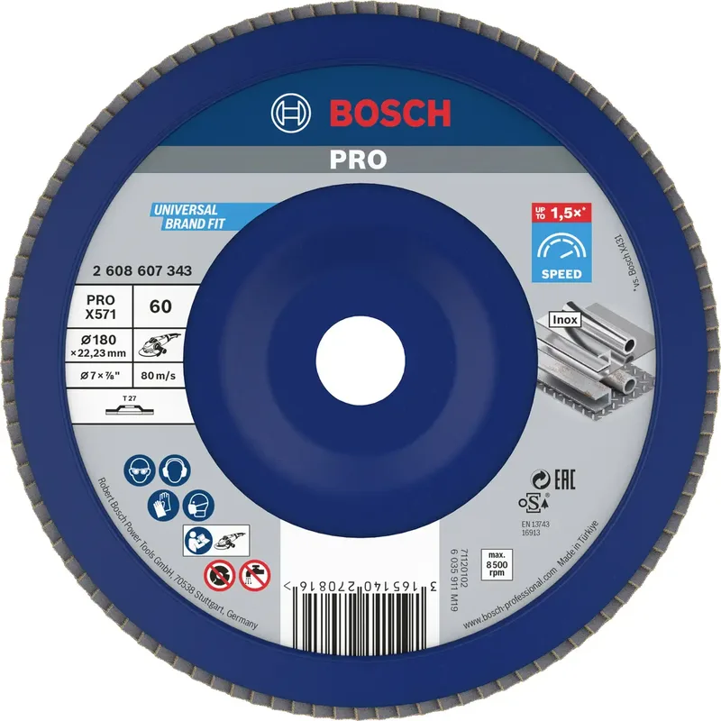 Bosch Accessories 2608607343 X571 Fächerschleifscheibe Durchmesser 180 mm Bohrungs-Ø 22.33 mm Körnung (num) 60 Stahl 1 St. by Bosch Professional – product image