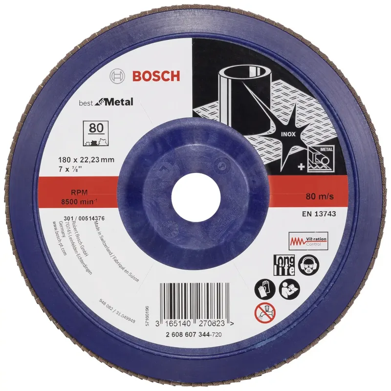 Bosch Accessories 2608607344 X571 Fächerschleifscheibe Durchmesser 180 mm Bohrungs-Ø 22.33 mm Körnung (num) 80 Stahl 1 St. von Bosch Professional – Produktbild