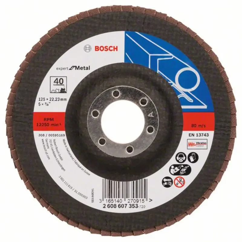 Bosch Accessories 2608607353 2608607353 Fächerschleifscheibe Durchmesser 125 mm Bohrungs-Ø 22.23 mm Körnung (num) 40 Metall 1 St. de Bosch Professional – image du produit