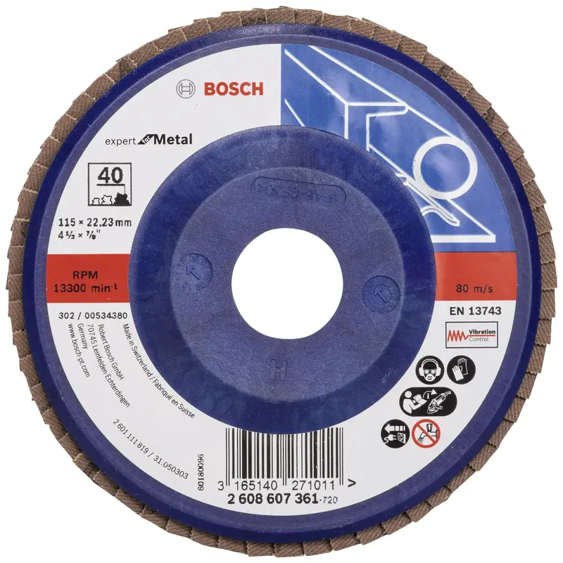 Bosch Accessories 2608607361 X551 Fächerschleifscheibe Durchmesser 115 mm Bohrungs-Ø 22.33 mm Körnung (num) 40 Stahl 1 St. de Bosch Professional – image du produit