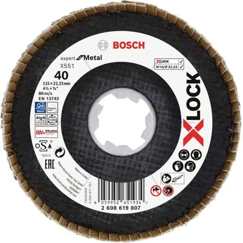 Bosch Accessories 2608619807 X551 Fächerschleifscheibe Durchmesser 115 mm Bohrungs-Ø 22.23 mm Körnung (num) 40 1 St. de Bosch Professional – image du produit