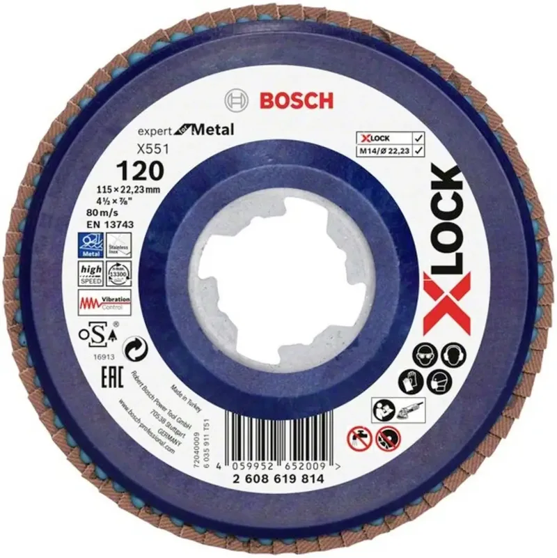 Bosch Accessories 2608619814 X551 Fächerschleifscheibe Durchmesser 115 mm Bohrungs-Ø 22.23 mm Körnung (num) 120 1 St. de Bosch Professional – image du produit